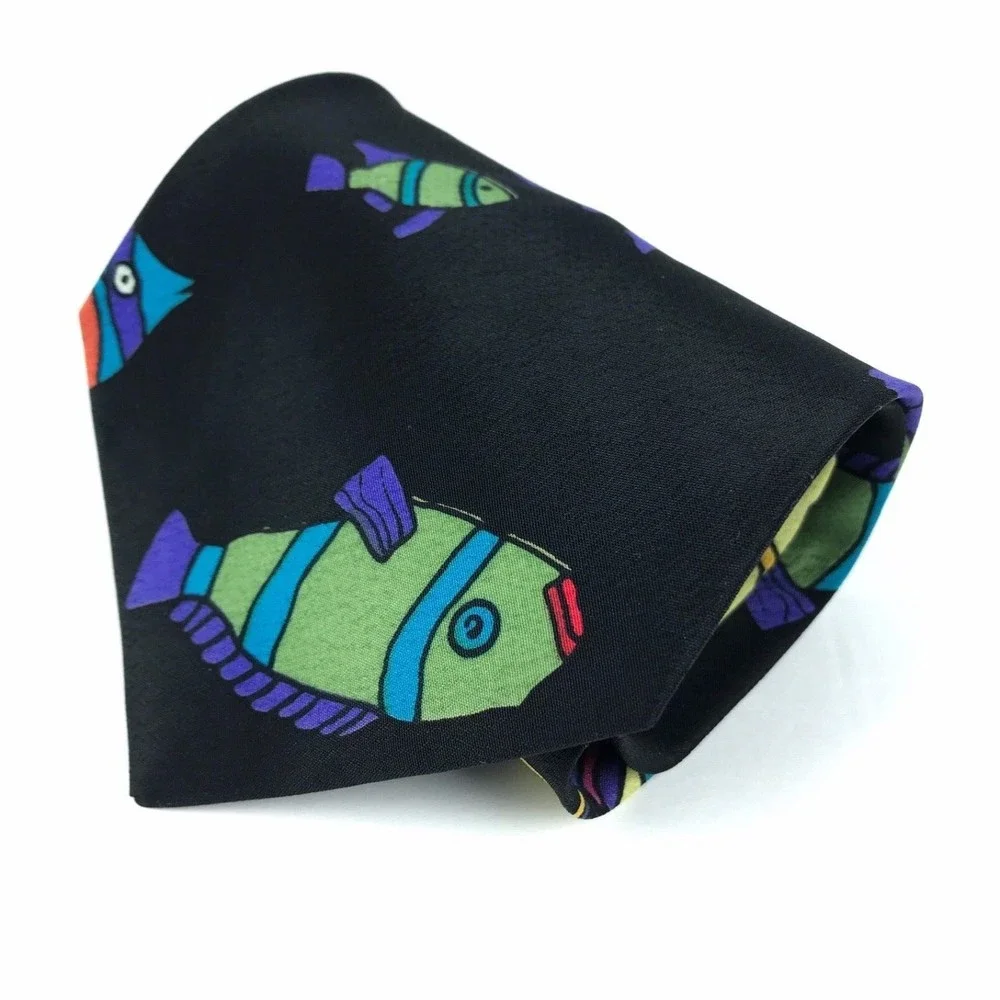 Handmade Black Colorful Fish Tie Sea Animal Art Artistic Men's Necktie 3.5 x 55